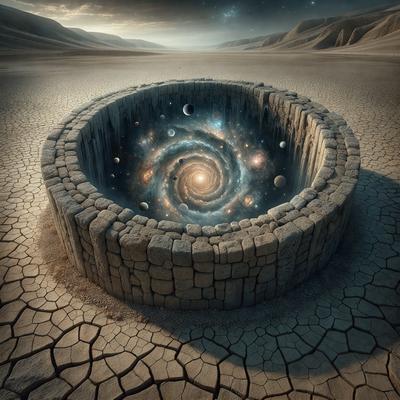 The primary subject of the image is a large, open, and empty stone structure, possibly a stone circle or a stone dome, with a hole in the center. The setting is a desert-like environment, with a rocky surface visible in the background. The visual style of the image is a combination of photo and digital art, creating a unique and intriguing scene. The colors and mood of the image are predominantly dark and moody, with the stone structure and the surrounding environment contributing to the overall atmosphere.